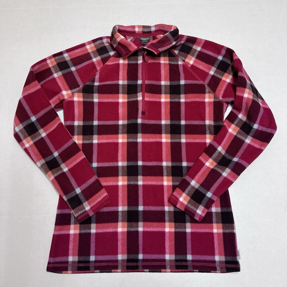 Eddie Bauer Pink/Red Plaid Fleece 1/4 Quarter Zip Pullover Sweatshirt Women XS